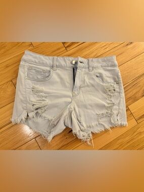 American Eagle Jean Shorts Size 8 Hi-rise Festival Distressed Light Blue Denim